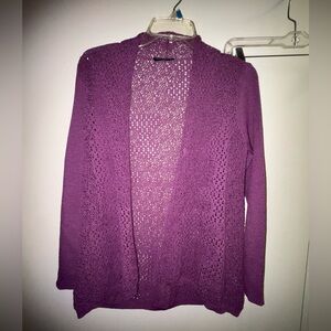 Eileen Fisher Wool Cardigan Open Front Knit Sweater Purple Plum Size S